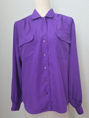 Vintage Purple Button-Down Shirt Secretary Blouse Flap Pockets 1w Medium Office